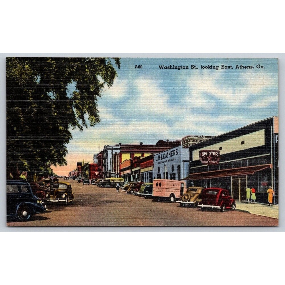 Vintage Linen Postcard Athens GA Washington St Looking East Big Star Food Store
